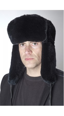 Mütze aus Kaninchen-Rex Pelz – russischer Stil - Schwarz